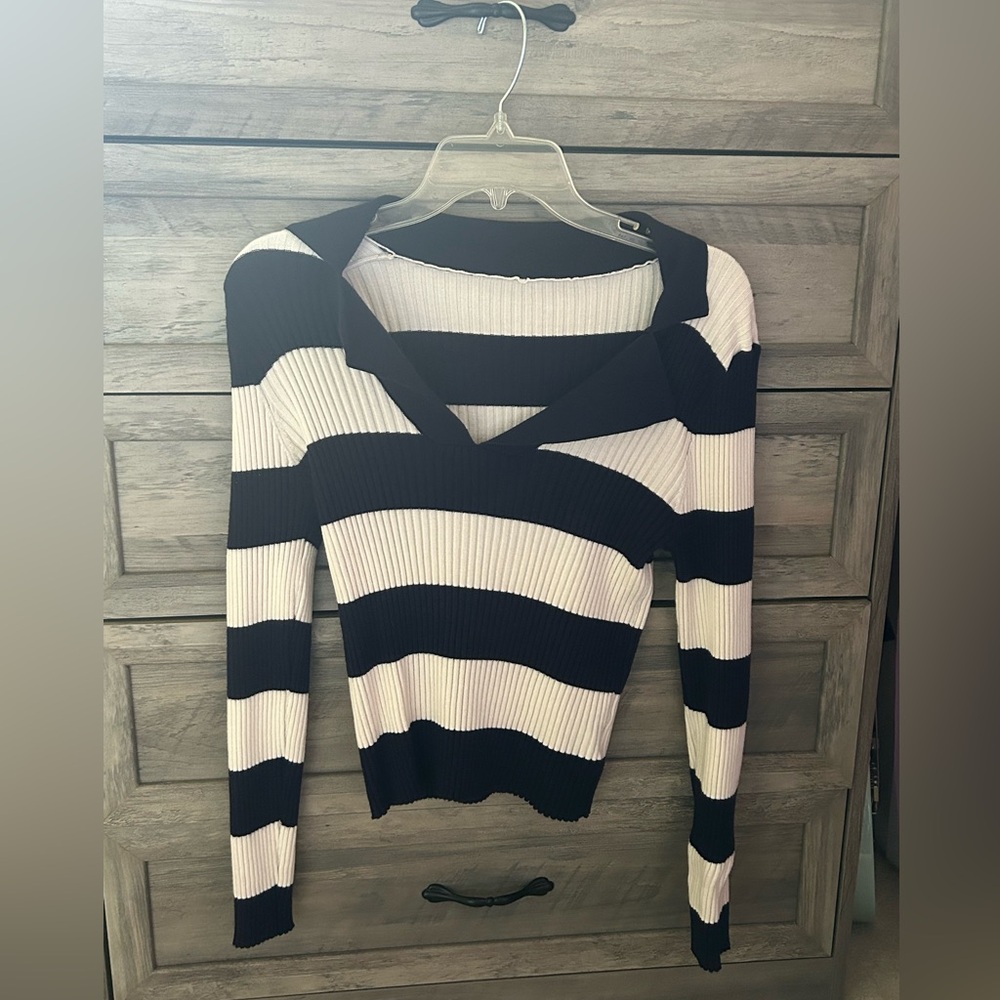 Cider Black and White Striped V-Neck Sweater